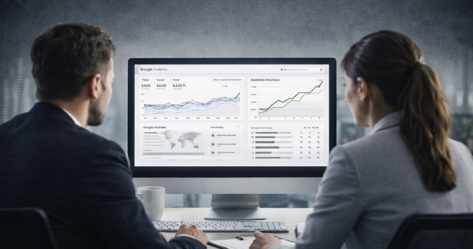 Divi mārketinga speciālisti birojā analizē Google Analytics un SEO pozīciju grafikus datora monitorā